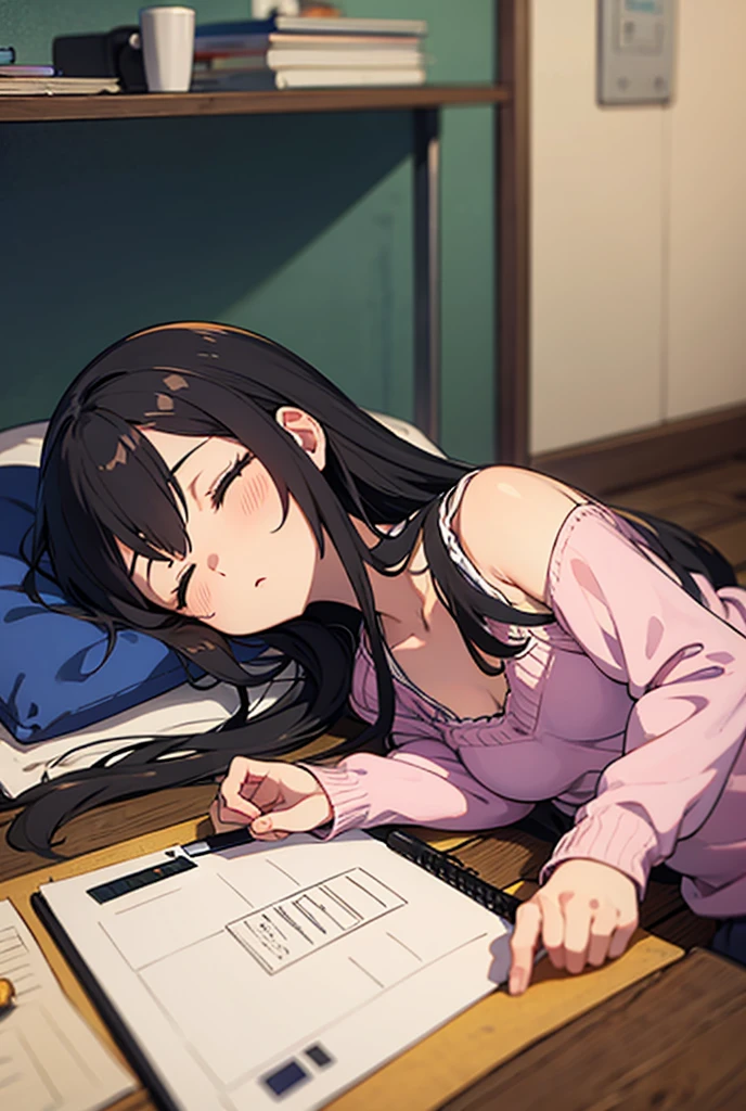 ((masterpiece)), (detailed), anime tan woman wearing a v-neck button-up Collar shirt, (bare shoulders), (bare arms), (long hair), starving, (resting hands on the stomach), (hands on the stomach)