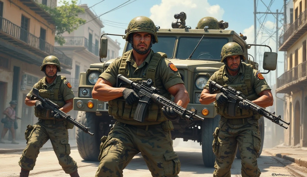 (Saudi Arabian Special Forces), urban warfare, gunfire and smoke, vivid natural detail, extreme depiction, urban detail depiction, 3 men, an Arab police car, full body, running action, gun, wide angle, fuji, backlit, futuristic, high resolution, smoke, fire, tyre, Palm trees, depth of field, surrealism, 8K, UHD, ccurate