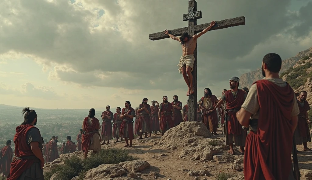 Realistic image seen from the sky, showing Jesus being crucified on earth