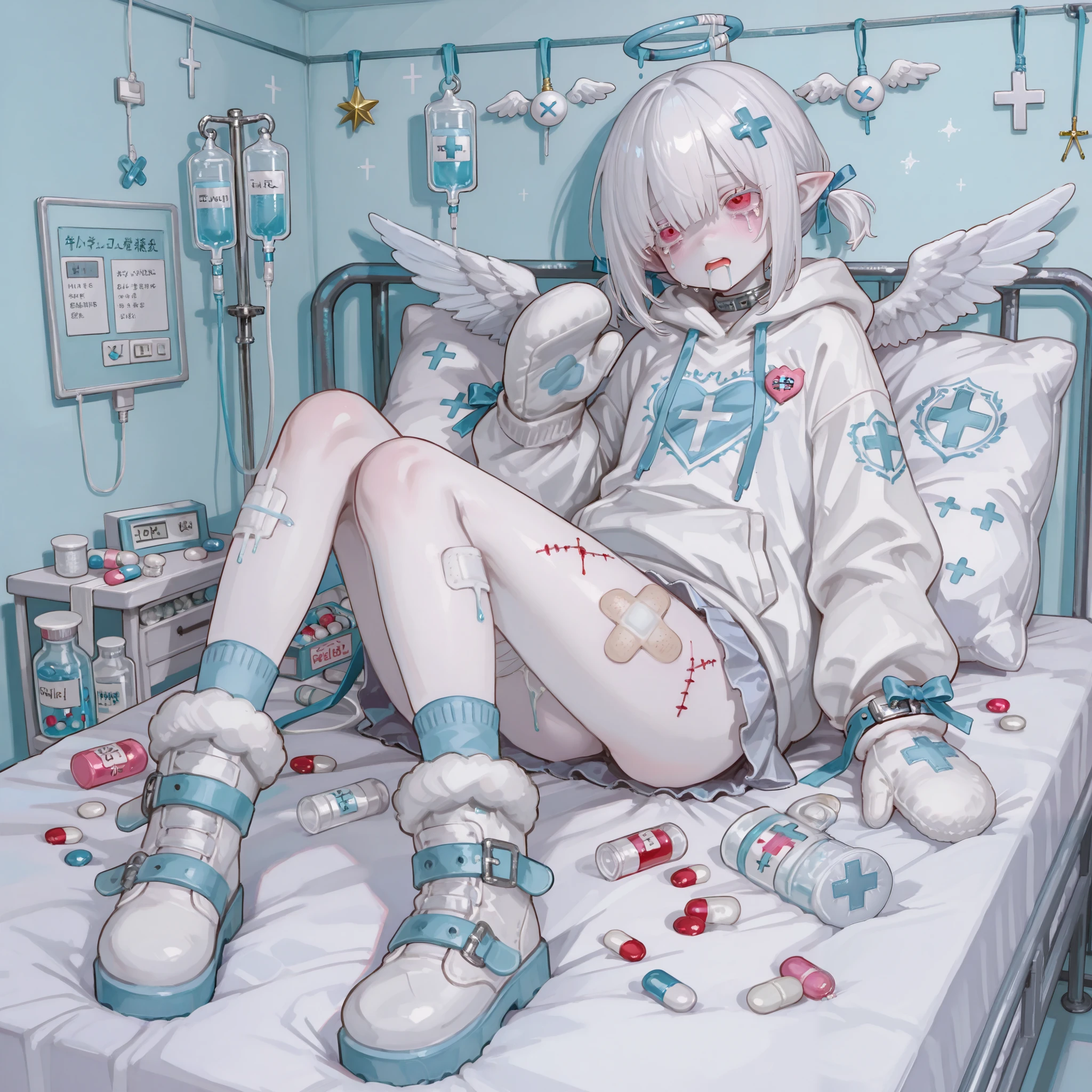 The girl is albino, she has white skin and slightly pointed ears, her eyes are navi blue , and her eyelashes are white. She has short white hair short bob haircut and has small pigtails on the sides of her head. She is wearing a -blue oversized hoodie with long sleeves, white wool mini skirt,blue and white socks and leggings with a set of badges, white ugg boots,mittens,bandages on the thigh.  She belongs to the Yamikawaii subculture, so her outfit is decorated with small bandaged wounded angel wings, symbols of medical crosses, eyeballs, hearts, stars, pills,medical bottles, ampoules with medicines, IV drip with tubes ,models of teeth, band-aids, and toy syringes. On the background: a cute pastel babye/lilac medical ward with medical bed surrounded by plush pillows and open empty gift boxes, ribbons hang from the ceiling. she lies on the bed, bound with medical belts, drooling and crying. 