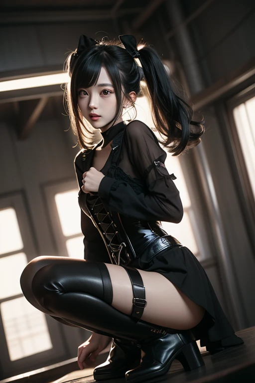 3dmm style, (masterpiece, best quality), intricate details, 1girl, solo, bow hairband, print shirt, tied shirt, black bodysuit, bodysuit under clothes, single glove, print shorts, knee pads, barefoot, cowboy shot, looking at viewer, (((white blackground)))