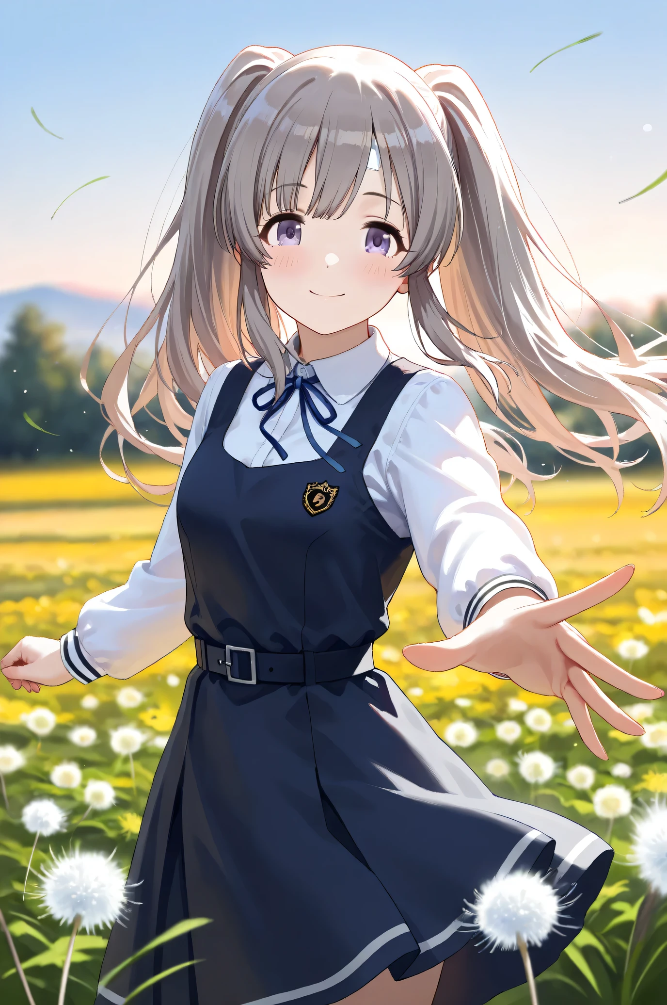 (Masterpiece), (Highest quality), (Very detailed),
(The best shape), (Best Shadow), (Absurd),
(Detailed background), (So beautiful), Shiny ,
Beautiful eyes in every detail, Extraordinary, Countershading, 8k, 32K, High resolution,
Very Detailed CG,
Score_9, Score_8_up, Score_7_up, Source_anime,
(Pastel painting:1.2), (Watercolor painting:1.2),
(Masterpiece, Detailed:1.2), (Foreshortening:1.2),
Cinematic, Dramatic, (Depth of field:1.4),
(Blurry background:1.4), (Realistic background:1.4),
(foreshortening:1.3),
Dynamic angle, Dynamic pose,
1 girl,
Outdoor, Nature, Flower Field, Wind, (Dawn:1.2),
Dandelion, Dandelion fluff,
Yukoku Kirino,
the idolmaster shiny colors,
yukoku kiriko, Twin tails,
school uniform,
white shirt, collar shirt, slateblue ribbon, Long sleeves shirt,
One-piece dress, slateblue one-piece dress, belt,
Cowboy shot,
(Blush:1.3),
Smile,
Happy,
Realistic skin,
Shiny skin,
Focus on face,