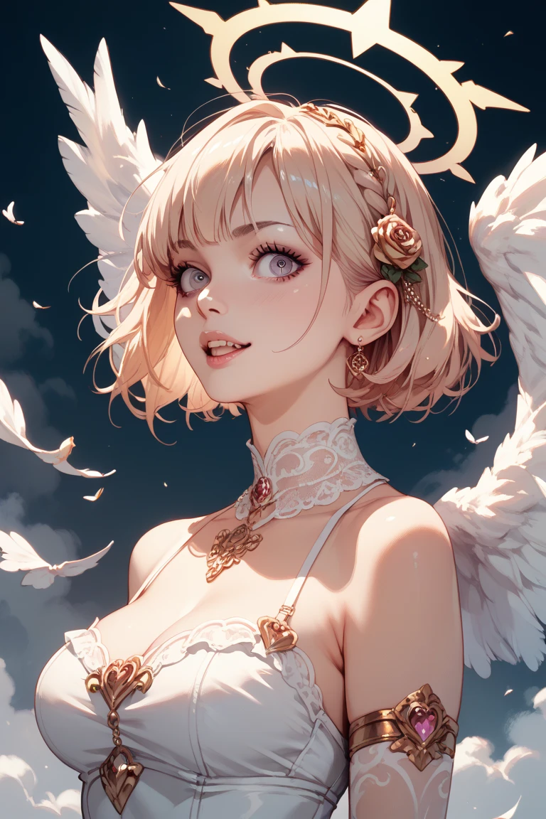 Angel, White clothes, light brown hair, ahoge, short hair, side braid, expressive hair, Wavy hair, tied hair, small breasts, green aqua eyes, earrings, necklace, jewelry, light smile, UHD, masterpiece, ccurate, textured skin, high details, highres, alone