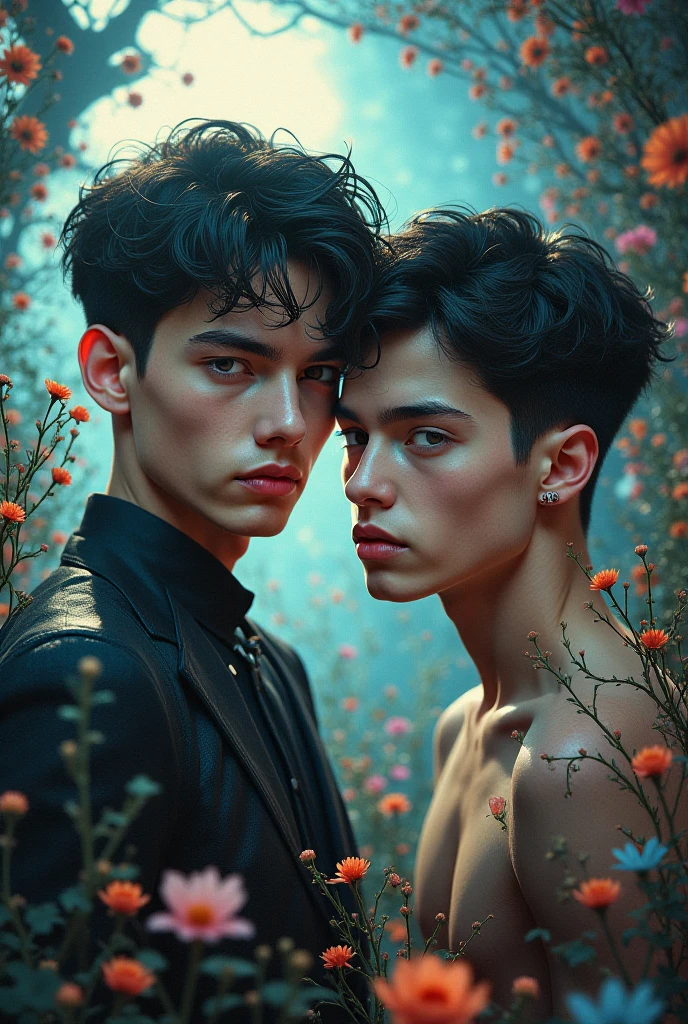 (masterpiece, best quality, dreamlike, hyperrealistic, 4k:1.35), (((1boy))), (Prince Narcissus is a beautiful royal lithe slender androgynous male parasitic flower, Prince of Flowers, narcissistic vain squeamish haughty overflown with scorn and disdain matching his exceptional beauty, his beautiful eyes are enthralling, his smell is exotic and enthralling permeated with hallucinogens and pheromones, his testicles are tender delicate and easy to pluck, anyone can castrate him, he is such a fragile beauty:1.65)