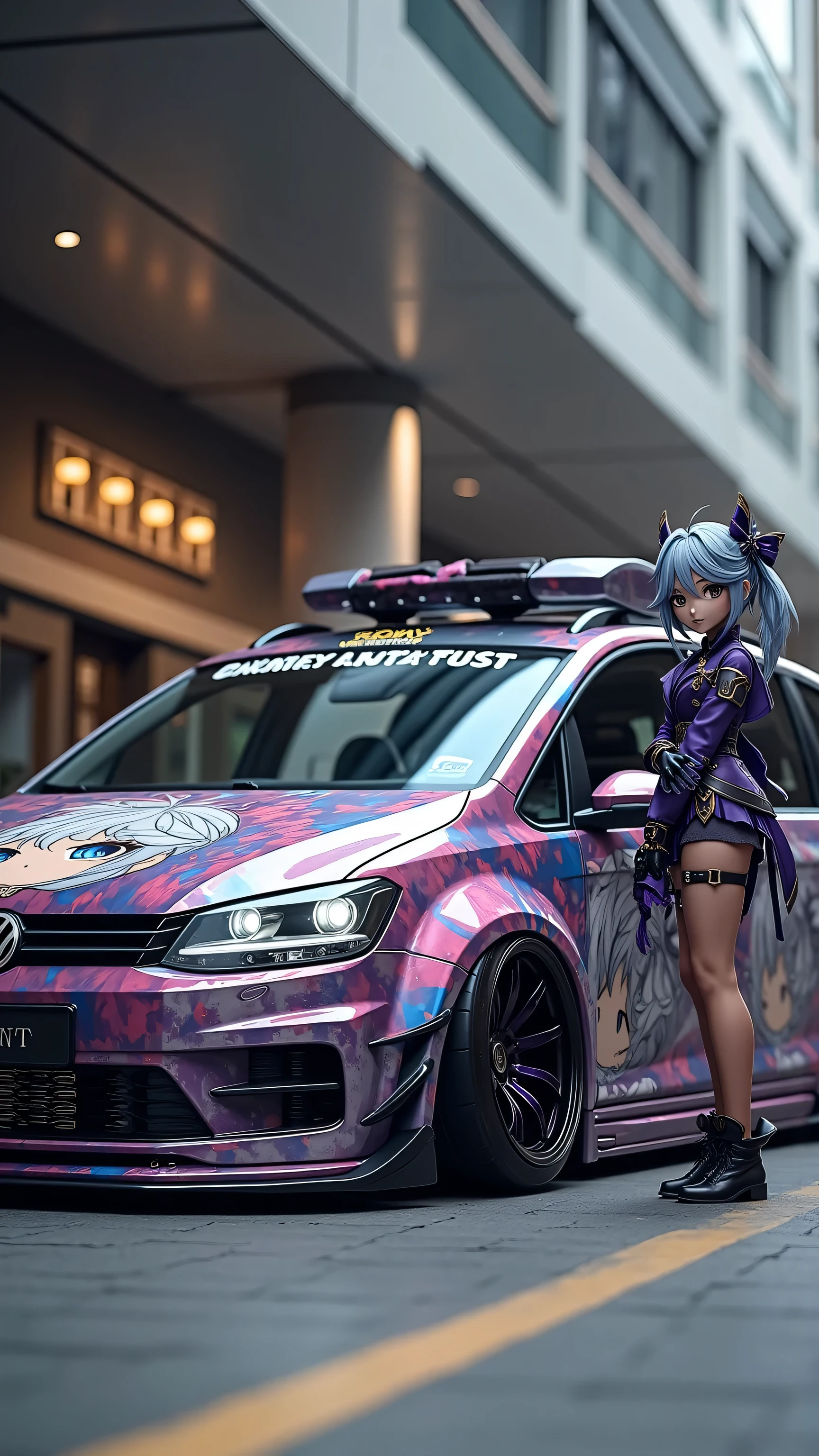 Volkswagen Touran L modification,wide body and negative wheel base wheels, painting an anime woman,Furina_Genshin,Car model standing next to it