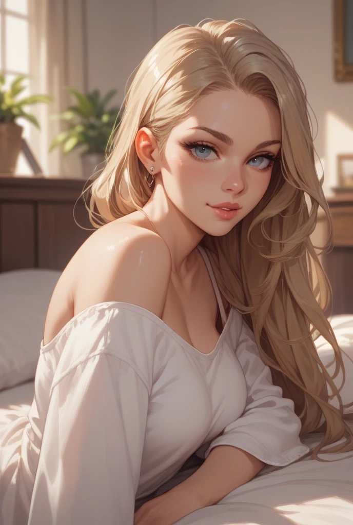 1girl in, age19, Solo, Long hair, Looking at Viewer, blondehair, Bare shoulders, Brown eyes, jewely, looking directly at viewer, a necklace, off shoulders, Sweaters, Realistic, A sexy, beautiful detailed eyes, soft and full lips, long eyelashes, fair and flawless skin, flowing long hair, toned body, graceful posture, sensual expression, comfortable bedroom setting, warm and natural lighting, artistic and tasteful composition, realistic and vivid colors, intimate and captivating atmosphere, full nude, touching herself, masturbation