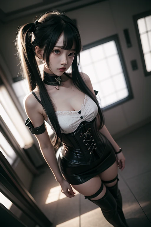 (Digital Cyberpunk Art)、High resolution、8k、Raw photo、whole body、Beautiful Teenage Woman、One Japanese woman、(Cyborg woman)、Medium chest、Semi-long hair of black color、Wear a cyberpunk black lolita chiffon blouse、Wear a cyberpunk black steampunk corset、Wear a cyberpunk black gothic mini skirt、gothic room、Sit on a chair