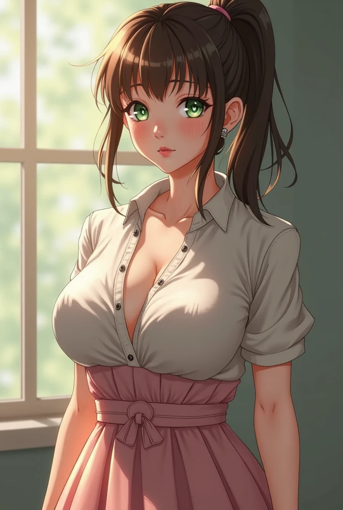 nozomitoujou, nozomi toujou, green eyes, brown hair, curly hair, large breasts, masterpiece, best quality, high resolution, beautiful detailed eyes, extremely detailed face, good lighting, detailed CG, messy hair, school, hallway, pretty bra, grey pencil skirt, worried, upset, leaning on wall