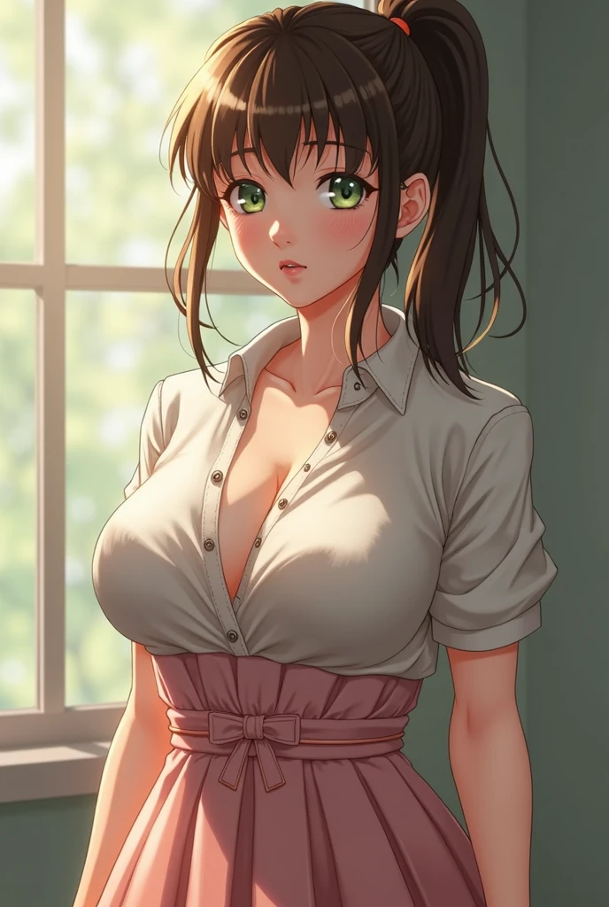 (Raw photo, realistic:1.4), highest quality, masterpiece, , Father, 1 girl, Small brass,cleavage, brown hair, brown eyes, smile, lips,skirt lift, black legwear, No underwear、8K, Cenimatic lighting, Bare pussy