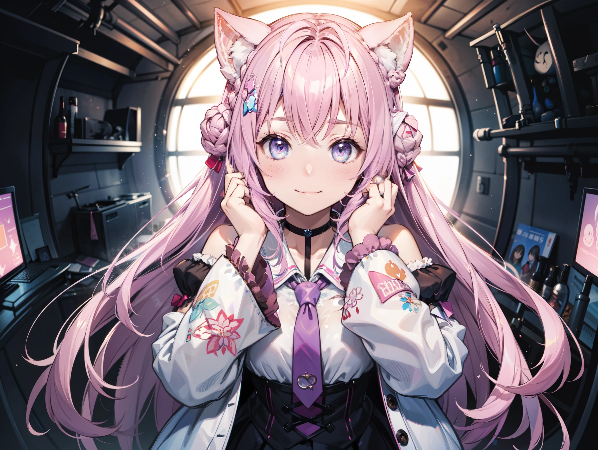 Cute magical girl , ( double bomb , Brant Bang, pink straight hair ), Smile, compensate,purple eyes , Large percentage , black gothic bear top dress , choker, Very long sleeves,Wide sleeves,The background is a dark hallway,Explosions are rising everywhere, (Ultra-precise, Absolute determination, best quality:1.3), 2.5D, Delicate and Dynamic, Art photos, super realistic , graphic CG digital cartoon style art