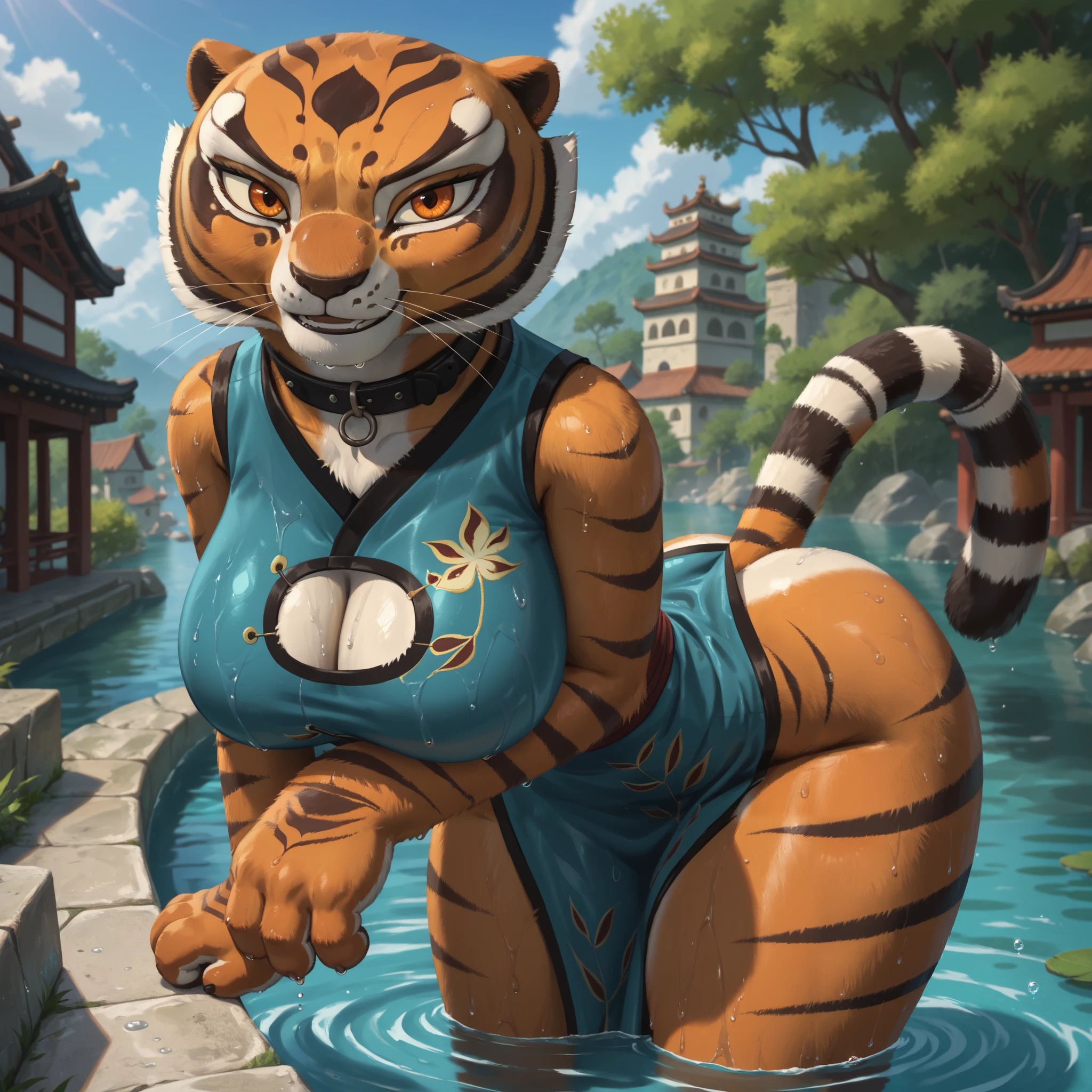 score_9, score_8_up, score_7_up, source_anime, source_furry, (beautiful, detailed background, digital artwork, digital art, well shaded artwork, depth, detailed artwork)1.2, 1girl, female, furry, anthro, Master tigress (Kung fu panda), Anthro tiger, detailed fluffy fur, bald, large expressive eyes, (detailed orange eyes, black pupils)1.2, goth girl, heavy eye makeup, black eyeliner, black mascara, black lipstick, (((massive bust))), bulging breasts, wide hips, (((thick thighs))), standing, bent over, arched back, (((bubble butt))), closeup++, facing viewer, temple setting, outside, blue sky, day time, big black collar, sweat, smirking, tiny waist, teal bodycon maxi dress, teal tube dress, short dress, cleavage cutout, standing in water, wet