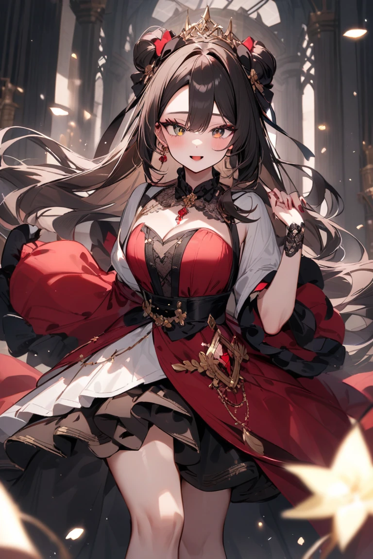 1 girl , long black hair, Red eyes, elegant white wedding dress , big breasts, clear skin, happy face