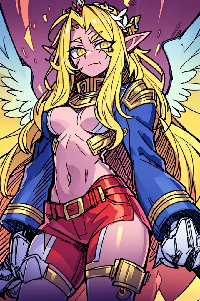 blond hair, sexy hair, muscle girl huge breast, revealing cloths, darkskinned-female, makeup, red lips, bimbo, angel, cupidon, long dress, walking, angel wings, pants, , flip flops, smile, medieval village