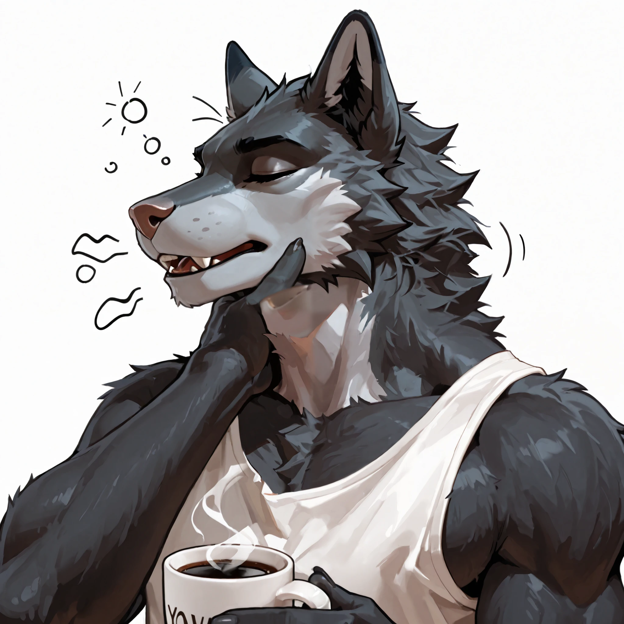 /holding coffee mug, yawning