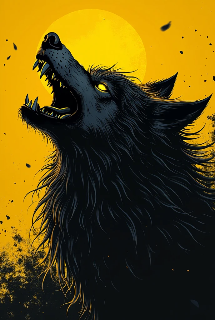 yellow and black, a monstrous wolf, in the style of Mork Borg, strong contrast, grunge dirty punk splash art, zine black metal, forest color splash background