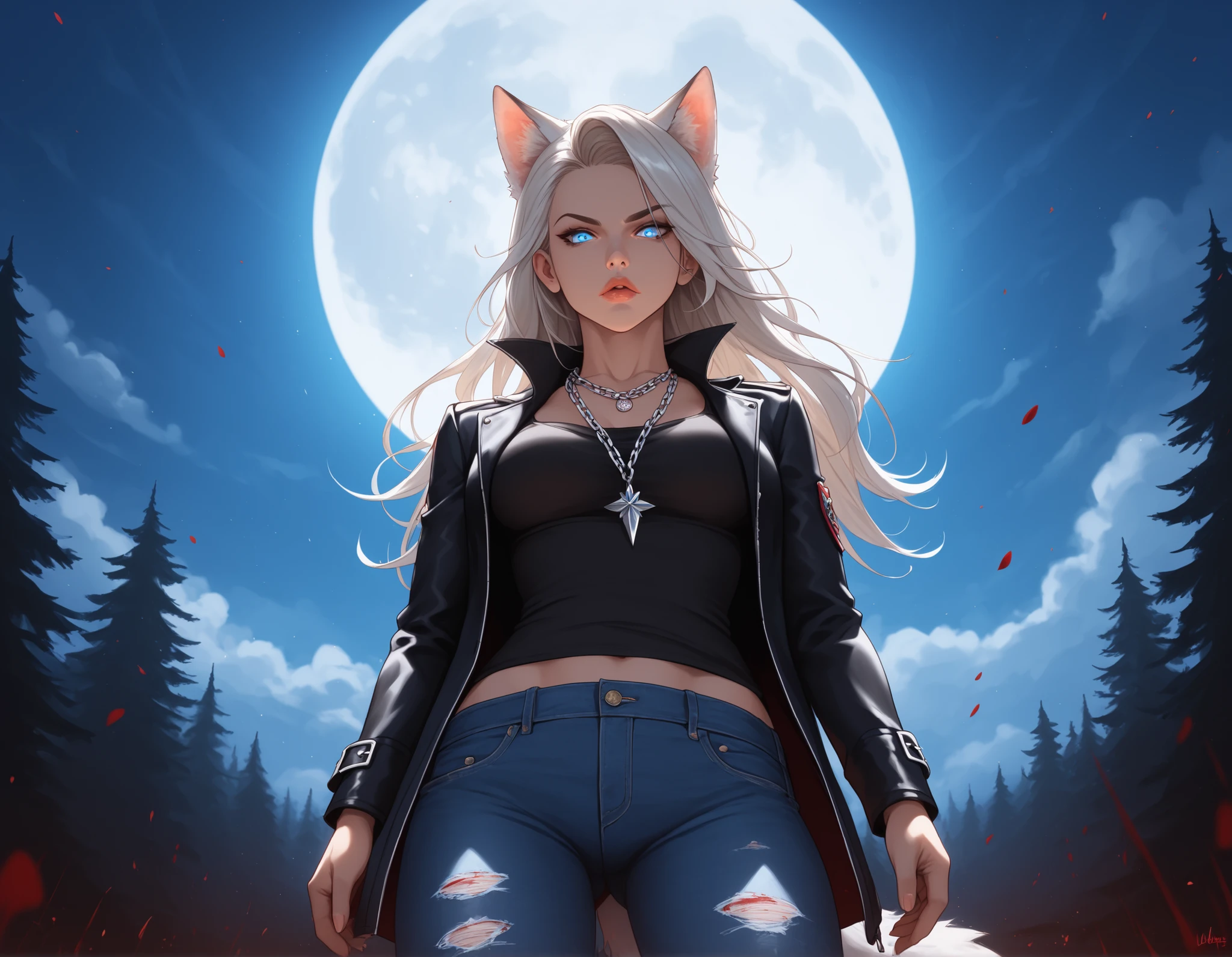 watercolor, score_9, score_8_up, score_7_up,(Volumetric_lighting1.7), (masterpiece), (lora: Punk Anarchy Style), (lora: Detailed Background), (lora: NKxXmo's Shaded Face), (lora: SDXL high detailed. LoRA_SDXL_ARW_0010: 0.75), (lora: Waifu Eyes), 1girl, lips, eye_shadow, from_below, werewolf, wolf_ears, wolf_tail, solo, solo_focus, ((zoomed-in:1.2)), upper_body, white_hair, light_blue_eyes, faintly_glowing_eyes, arms_raised, long_hair, serious_expression, standing_by_the_lake, full_moon, night_scene, dark_clothing, black_jacket, tight_jeans, combat_boots, silver_chain_necklace, wind_in_hair, tense_posture, ears_visible_through_hair, shadowed_face, glowing_moonlight, mysterious_aura, distant_stare, sharp_features, cool_toned_lighting, background_forest, still_water, lone_figure, soft_glow, standing, (hands_covered_in_blood),( blood_on_lips:1.2), foreshortening, darkbackground, cinematic lighting, masterpiece, best quality , 8k, realistic, nighttime, high_quality, detail_focused, blurry_background, (Diminishing scale perspective:1.3), ((forced_perspective))