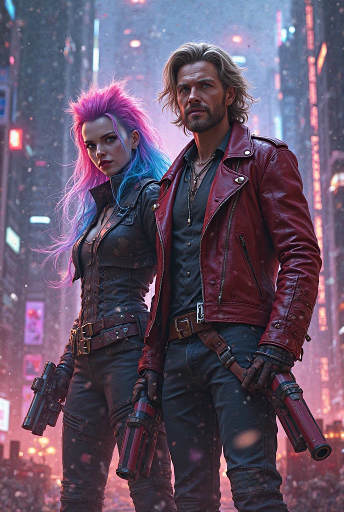 stylized image of a man and woman in leather clothing, Urban Fantasy style, advertising photo, Urban Fantasy, in cyberpunk style, photo from promo shoot, stylized Urban Fantasy artwork, Wayne England, Derek Zabrocki, by Galen Dara, Gotham City Style, threatening pose, Black Cyberpunk, Press Shot, Vampire Masquerade, advertising photo