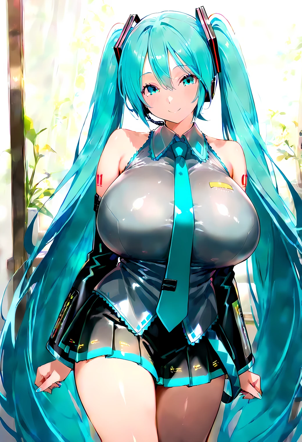 long hair, twin tails, very long hair, blue hair, blue eyes, smile, hair ornament, Hatsune Miku, aqua hair, skirt, detached sleeves, necktie, aqua eyes, (huge breasts), knee shot