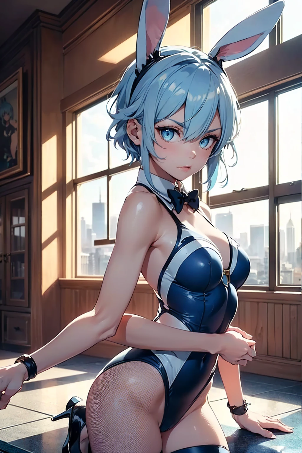 highest quality、All limbs、full finger、((one beautiful woman、solo))、Woman with light blue hair、long hair、big breasted woman、((Blue zippered swimsuit:1.2))、No sleeve、bare hands、big smile、high socks、(((fighting stance)))、living room、night、indirect lighting