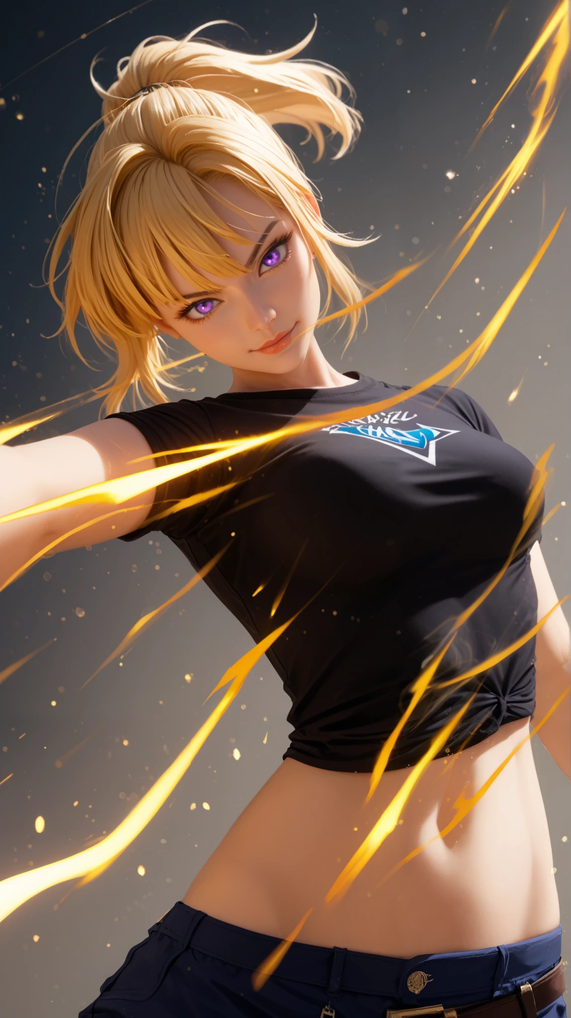 Rating 9, Rating 8, Rating 7, Rating 6, Anime Origin, Explicit Rating, Glowing Skin, Light Particles, Mature Woman, Girl, Slim Body, Slim Legs, Lonely, Narrow Shoulders, Slim Body, Medium Chest, Short Hair, Bangs, Blonde Hair, Purple Eyes, Cha Hae-In from Solo Leveling in an ultra-realistic style, performing a dynamic combat pose with swirling golden energy around her arms. She has golden blonde hair tied in a high ponytail with a few loose strands, her sharp purple eyes glowing with intensity. She wears a fitted black t-shirt and grayish-blue pants, with a determined smirk on her face. The energy surrounding her arms emits a bright golden glow, casting dramatic highlights and shadows on her face and clothes. The background is dark, enhancing the contrast between the light effects and her silhouette. Ultra-high-detail rendering, cinematic lighting, motion blur for dynamic energy, and a slightly low-angle perspective for a powerful composition. --ar 16:9 --v 6 --style raw --q 2 --s 750