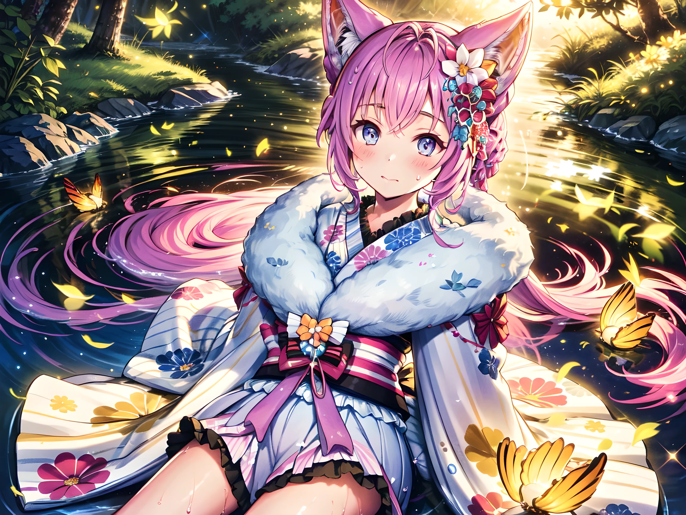 (( super fine )), Describe a scene of a beautiful woman lying down, Natural Environment . Surrounded by colorful fireflies,The milk white and pink theme ,A wet kimono,Japanese clothing