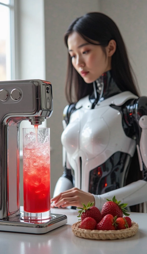 A modern automatic machine that makes red juice ice in a transparent tube, next to her there is a strawberry fruit in a basket, and behind her a female android with a futuristic robotic body in white and black, has a beautiful human face with long black hair, her hand holds the machine