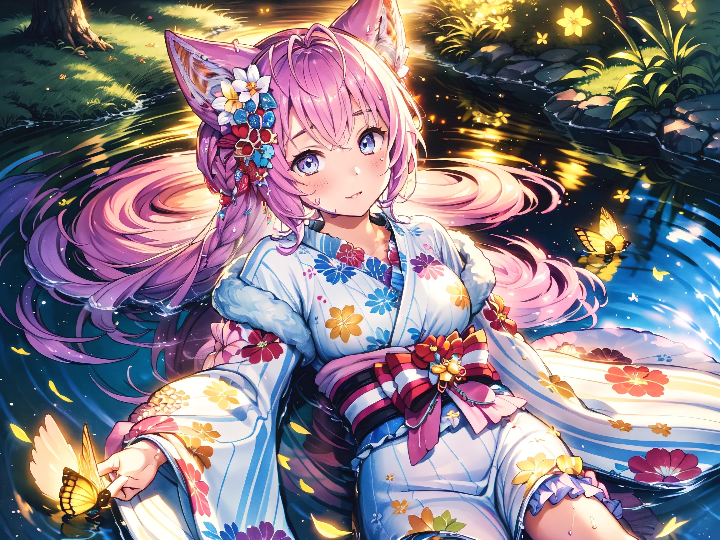 (( super fine )), Describe a scene of a beautiful woman lying down, Natural Environment . Surrounded by colorful fireflies,The milk white and pink theme ,A wet kimono,Japanese clothing