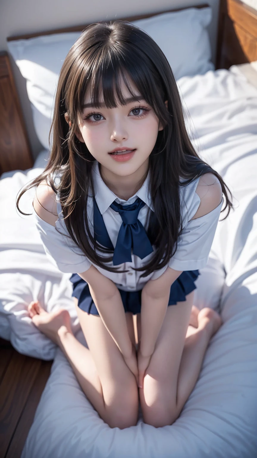 nsfw,cute,teen,black hair,long hair,straight hair,with bangs,angelic smile,model,full breasts,((1man and 1woman,having sex)),doggystyle,on bed,summer sailor suit