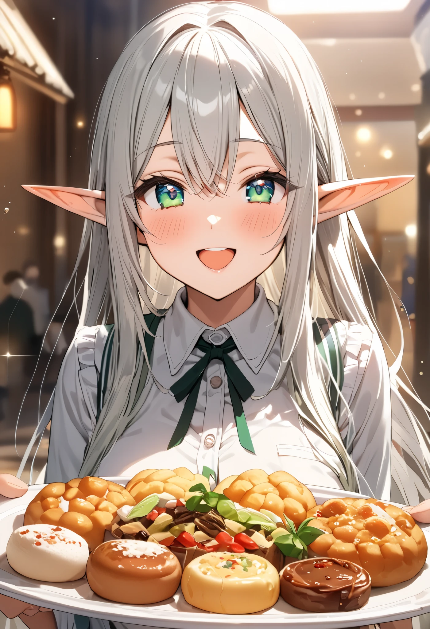 ((best quality)),((high detailed)),(one beautiful sexy Elf girl),(beautiful Elf ear),((beautiful very expressiveble HD eyes)),beautiful silver straight hair,happy,food sample