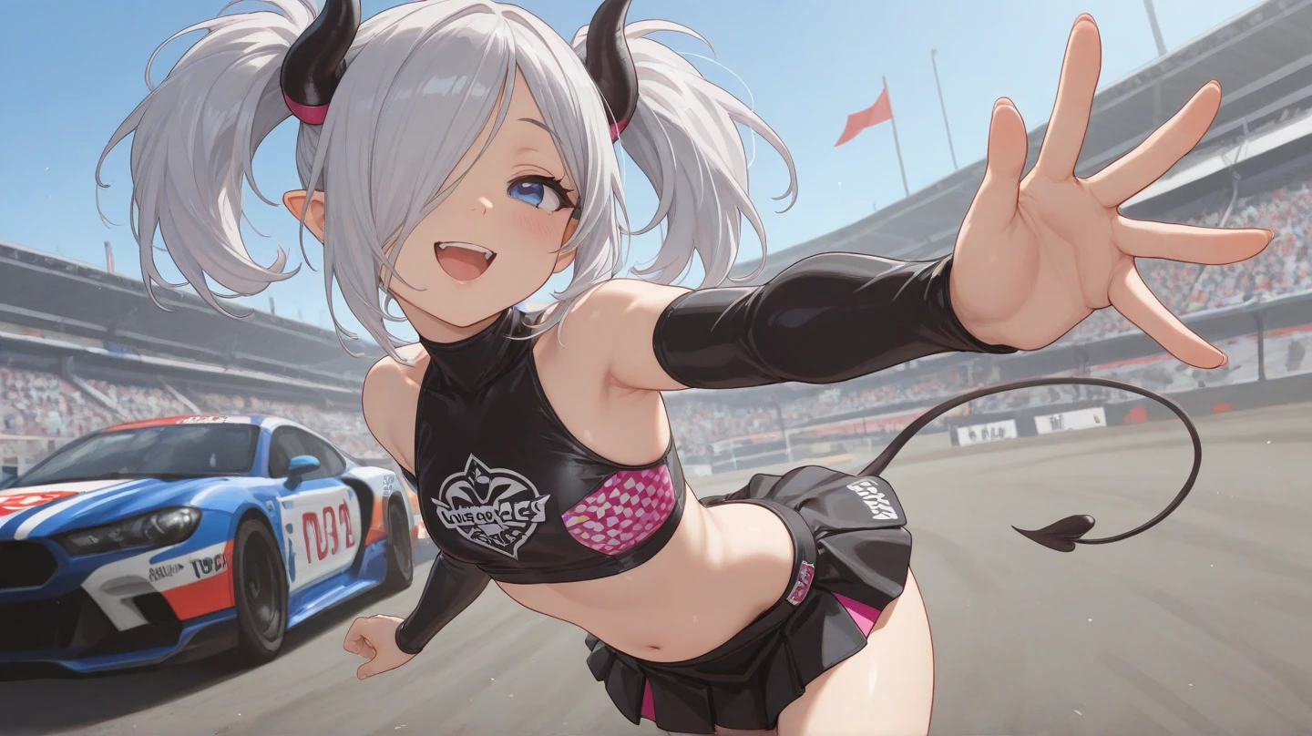 Creating an illustration of a woman, white cat ear, long white twintails, purple cat eyes, Tanned skin, big breasts, She is happy and smiling, She has claws on her fingertips, She has a white cat's tail, She is wearing a little black crop top and a black mini skirt, She is having fun in a flower field.