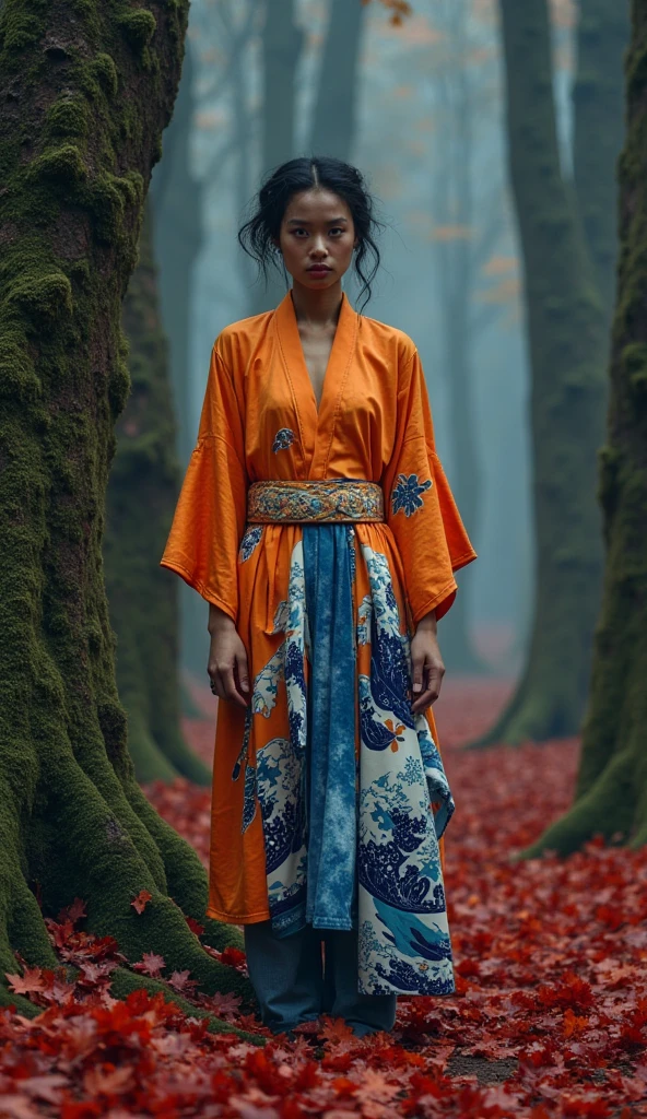 18 year old girl, Lovely, orange hair, Very short, Very curly, slim, flat bust, with freckles on the face, with slavic features, with japanese kimono, Red color, flowered, bare shoulder, Whole body, shows her legs, In the woods.