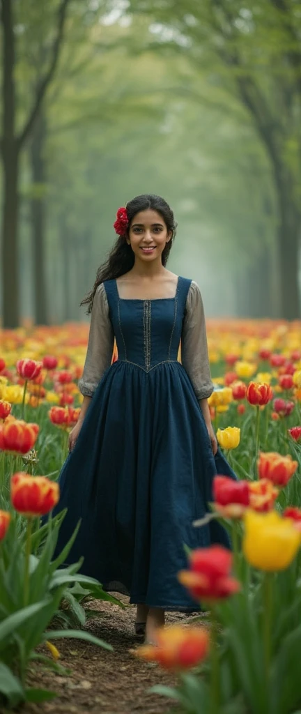 score_9, score_8_up, score_7_up, outdoors, garden, cottagecore, (indian girl:1.1), gorgeous girl, intricate hair, braids, beautiful, happy, necklace, frilly dress, holding a flower basket, looking at viewer, flowers,