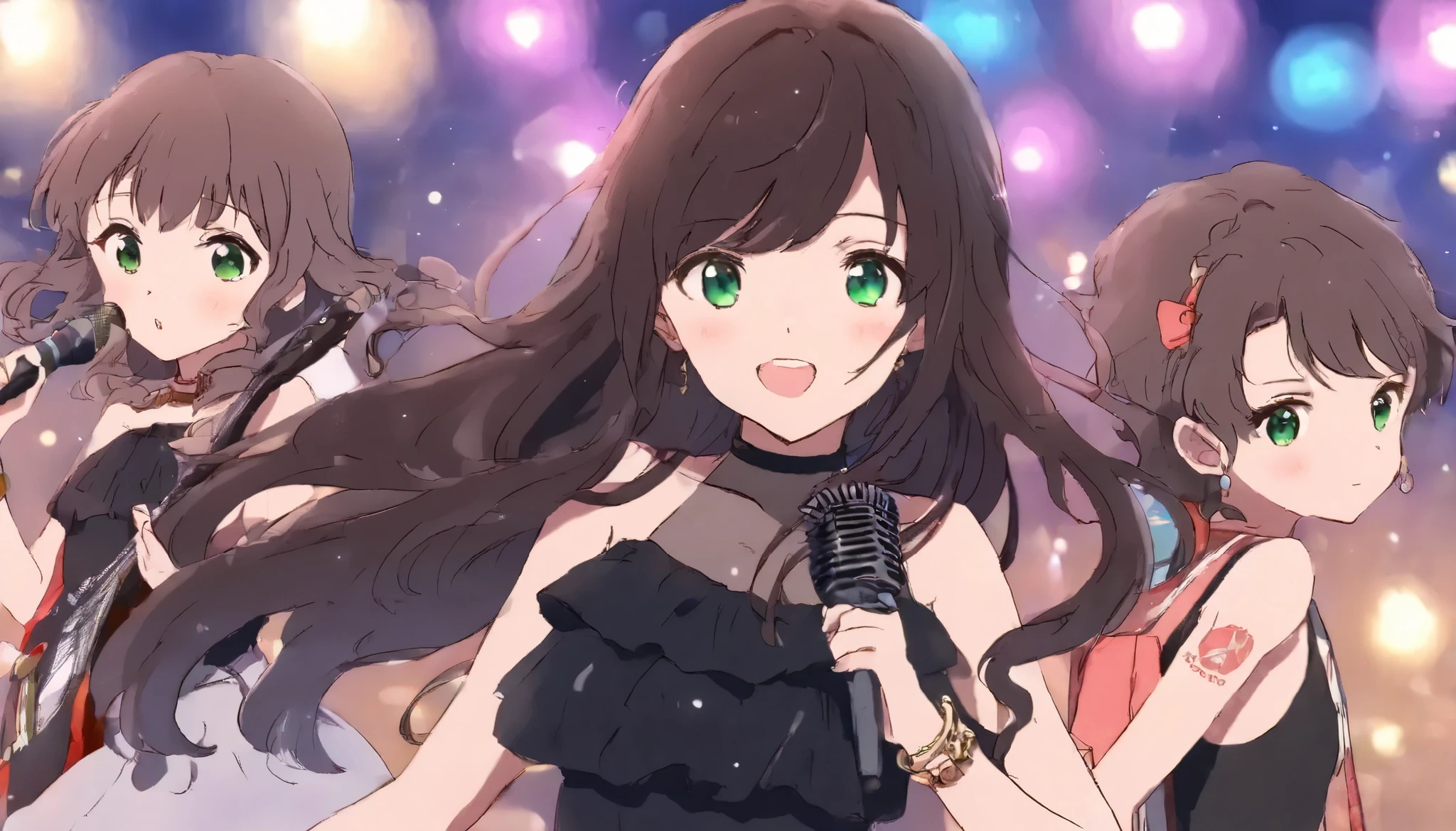 Score_9, Score_8, Score_7, rest, Anime Girl Band, microphone, Guitar, brown hair, flowing hair, green eyes, dress. Bracelet, night beach, tattoo,swimsuit,stage,Artistic Interpretation, Contrasting Hues ,line、 energetic posture 、front、Colorful、dynamic、element、confidence、Express、Hold、statement、Attachment、majestic、curly、surround、touch、 scene、Cover,striking,Fashion,. ,Bigger,striking,modern,Fashion,Focus,Fashion,masterpiece, best quality,