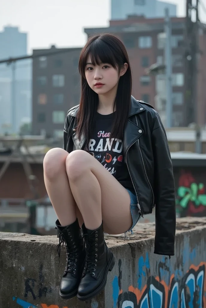 standing with legs apart、 1 cute anime girl, highest quality、ウルトラ - High resolution、High resolution、Detailed CG、8k unit wallpaper、20-year-old、beautiful and detailed eyes、(((Black leather skirt、white shirt、Black high-cut boots)))、(shiny body,:1.5)、 please be shy、(Ahegao:1.5)、(Stick out your tongue and drool)、full of embarrassment、spread your legs、safety work,Garbage dump in the downtown area at night 