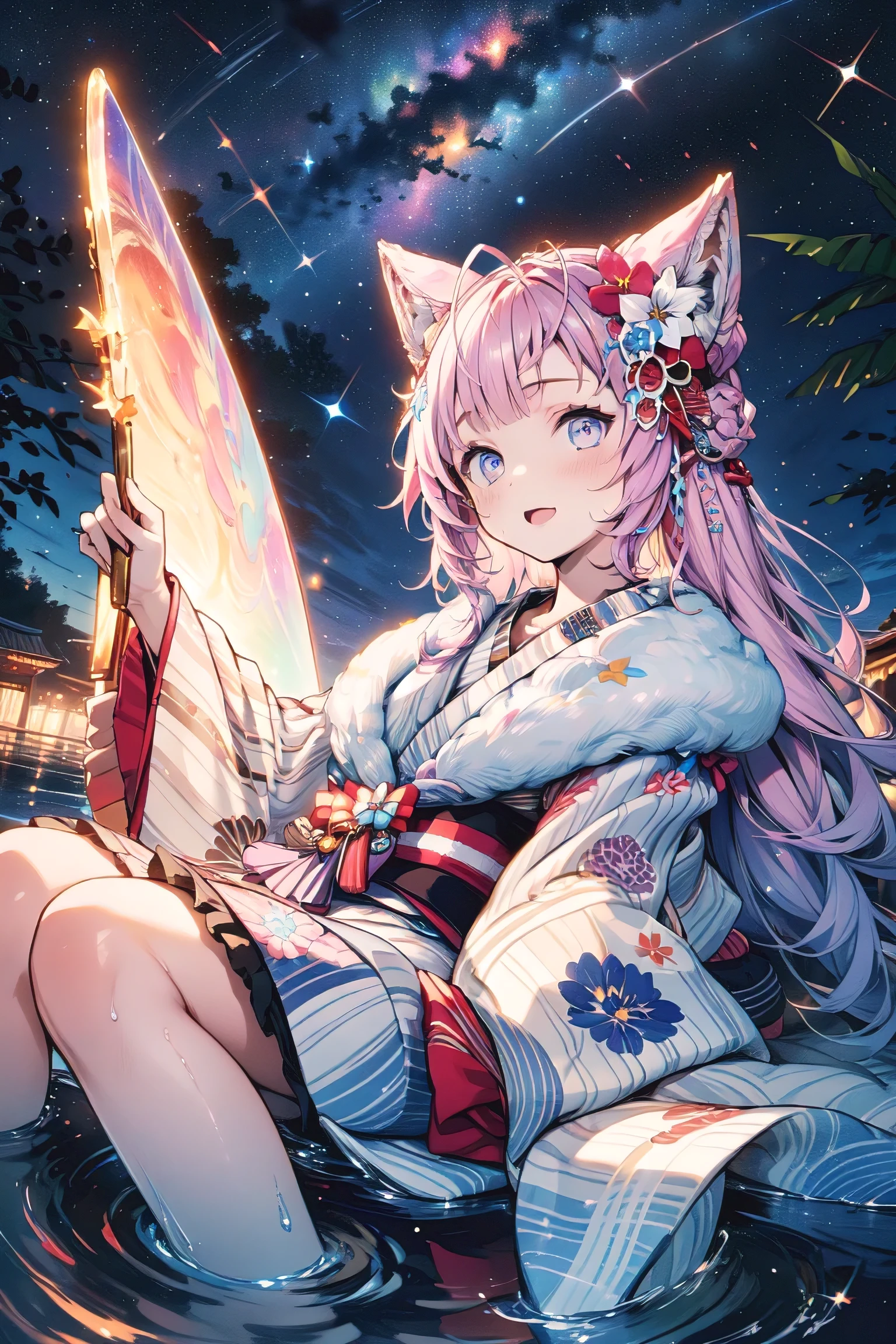 (( super fine facial expression )), Describe a scene of a beautiful female character lying in the water, Looking up at the starry sky . surrounded by colorful nebulae and her favorite constellations.(((LOL ))).((Forehead)),The milk white and pink theme ,A wet kimono,Japanese