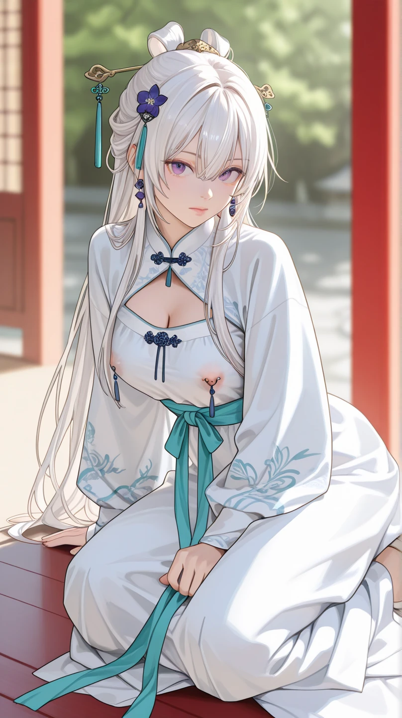 （Enrich the picture，Masterpiece level quality）Beautiful 8K CG artwork，Goddess-like posture，Kneeling exercise，Slim and soft，Translucent skin，White hair、The beauty of extra-long hair, Super Long Straight Hair，The skin is fair and juicy，Big breasts erotic uniform，Perspective Part 1.2x enhanced silhouette effect，Exquisite transparent blues pattern in pajamas，The details are intricate and exquisite，The background is slightly blurred，Charming and lustful leg seduction，Drool，Extra-large big breasts，Blush，Japan goddess，Perfect body slim curves，