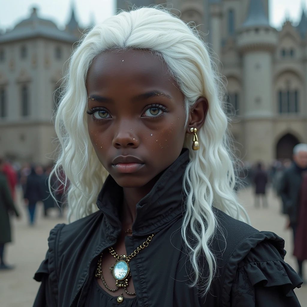 ((best quality)), ((masterpiece)), (detailed), 1girl, mixed race girl, African American + Caucasian girl with lighter skin, young woman, beautiful, skinny, white hair, modern attire, cloak