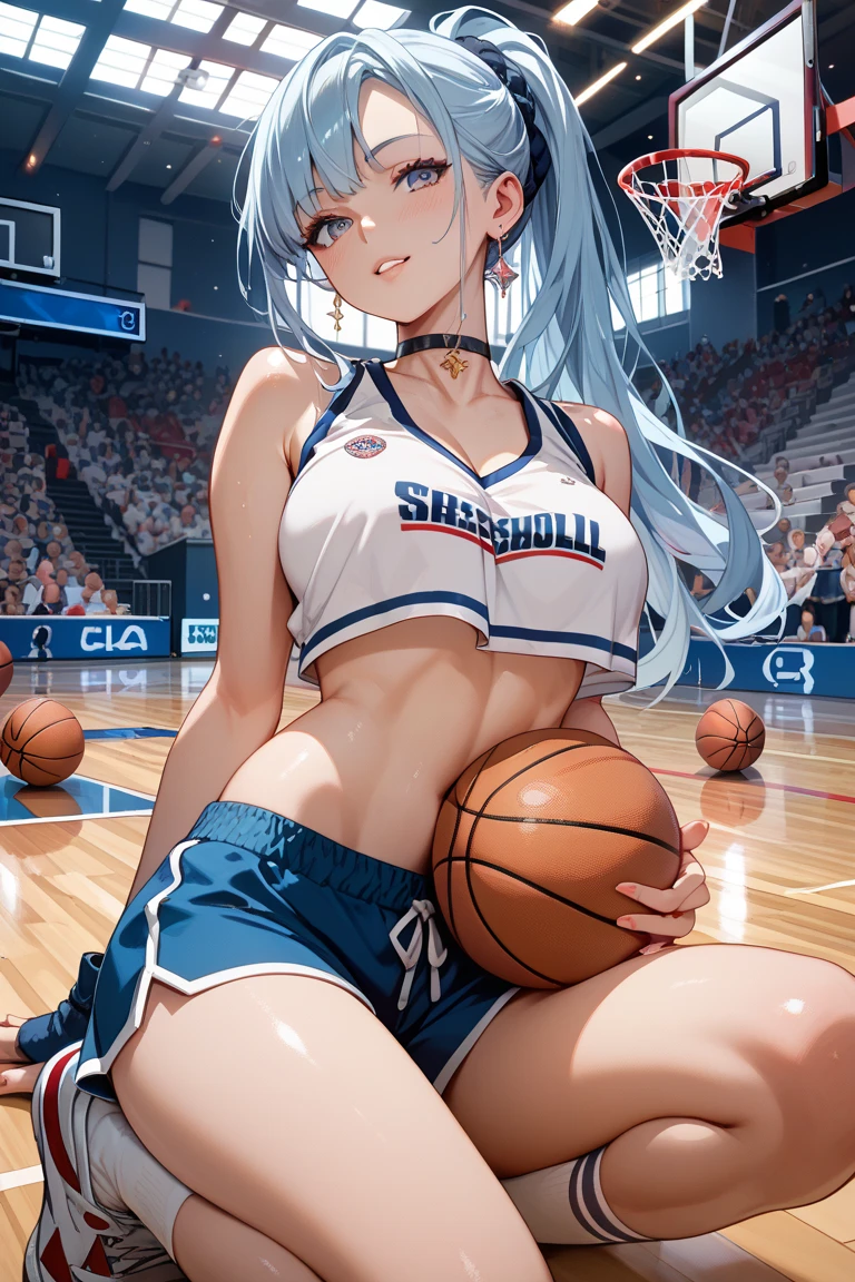 Naked girl with big tits, blue hair and a basketball uniform with a clearly visible pussy masturbates with a vibrator and climaxes with an ahegao face