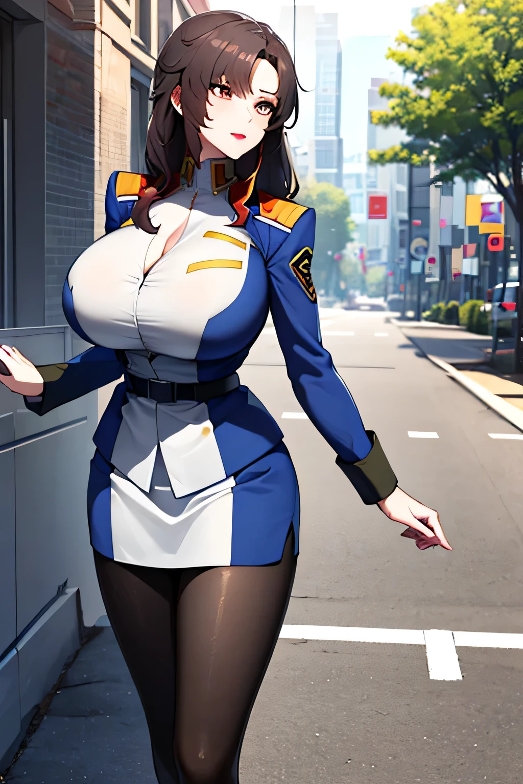 face more delicately,The skin on the jacket is hidden by the uniform,is great enough for me,draw an expression on the face even more delicately, simple background , Please draw big breasts even bigger breasts,Please draw the expression of a,
military uniform, military, jacket, blue and white uniform ,draw a shorter micro skirt, my whole body, opens legs,
(black_ Elegant pantyhose :1.3),
Front hair,Tea color_hair, length_hair,red Eye ,lipstick, offset,
1 girl, I want to draw expressions even more delicately on a 40-year-old adult woman,, young woman ,beautiful Finger,beautiful length legs,beautiful body,beautiful Nose,beautiful character design, perfect Eye , perfect face,expressive Eye , Perfect Balance ,
,(Focus on her face), I closed my mouth , (Innocent_big_Eye :1.0),light_笑face,
OFFICIAL ART, very detailedCG 、 Unity 8k Wallpaper , Full light,colorful, bright _Front _face_lighting, white skin,
(masterpiece:1.0),(Highest_quality:1.0), ,4K,very detailed,
photoshoot, 8k, High image quality, High image quality, absurd:1.2, Kodak Portra 400 , filmgrain , blurry background with sunlight, bokeh:1.2, lens flare , ( lively_color:1.2), pro photoshoot that requires areolas ,
(beautiful,huge_Chest for Men:1.4), (beautiful_face:1.5),(Narrow _ waist ),