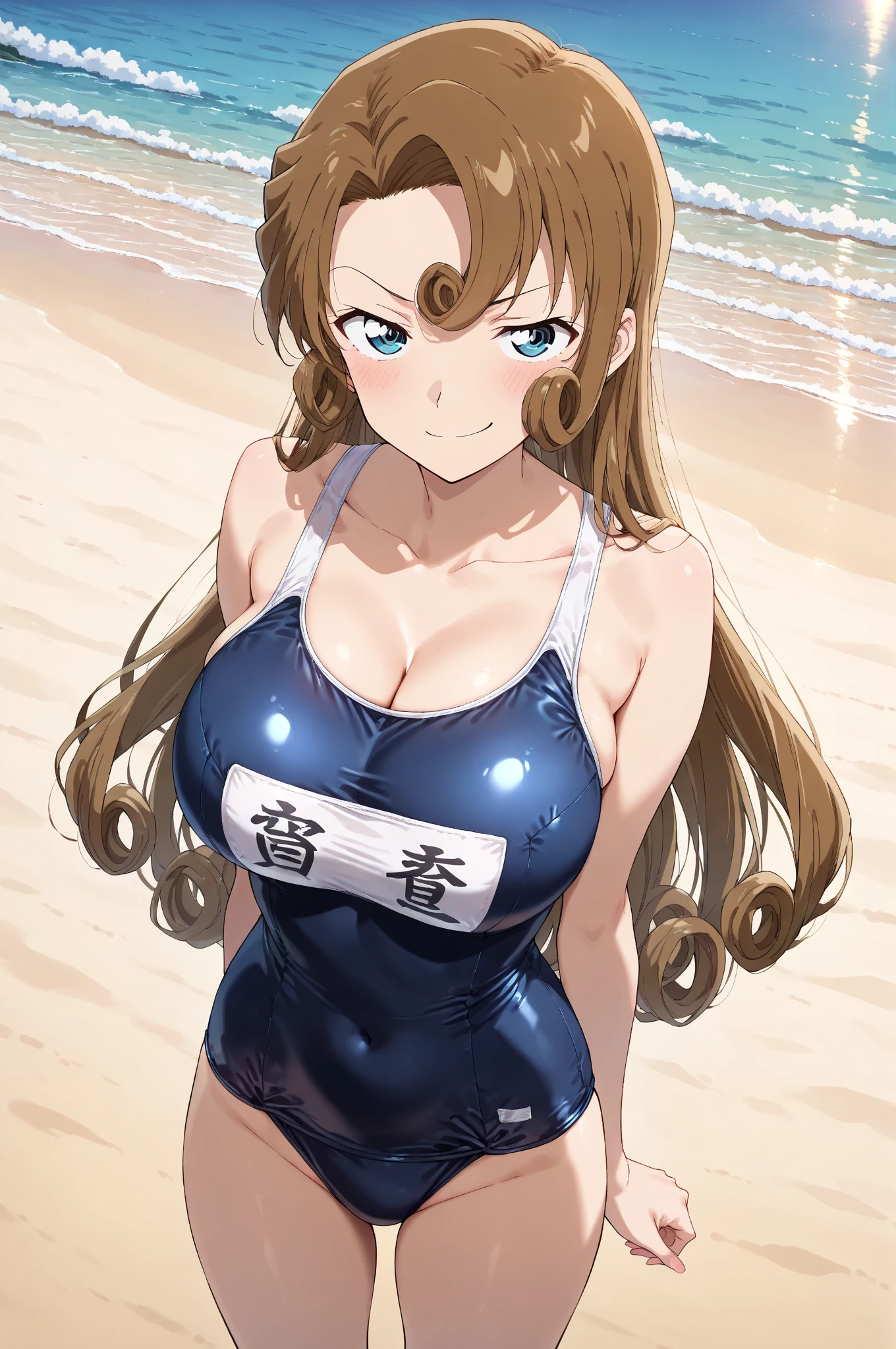 (masterpiece),(Highest quality:1.0), (Ultra-high resolution:1.0), Detailed illustrations, 8K, Pretty face, White Background、Young、Big Breasts、Swimwear, Swimwear姿、青色のSwimwear、whole body、Animal ears, earrings, Horse tail、Are standing, smile, Open your mouth
