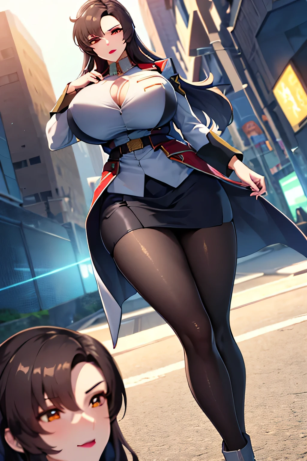 A girl with black hair and twin tails has big hips looking at us with her crotch open。Her thighs are shiny and her legs smell and she looks disgusted。My breasts are so big that they look like they're going to tear