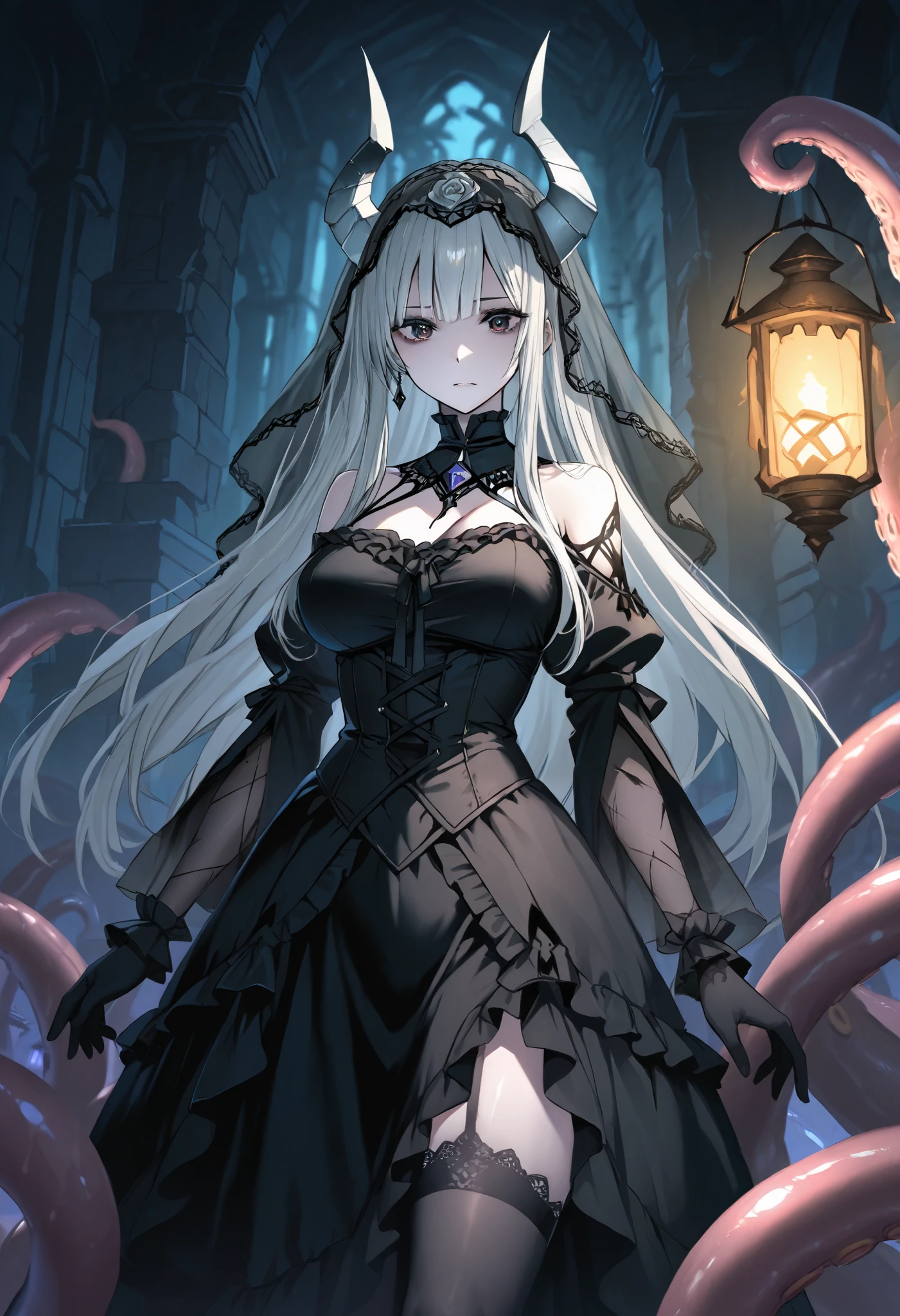 Two-headed woman. Silver hair. Long hair. Gothic dress. Black and white dress. Horns on her head. Mono-eye. Veil. Tentacles from behind. Tentacles with mouths. Lantern. A ruined castle. Ruins.
