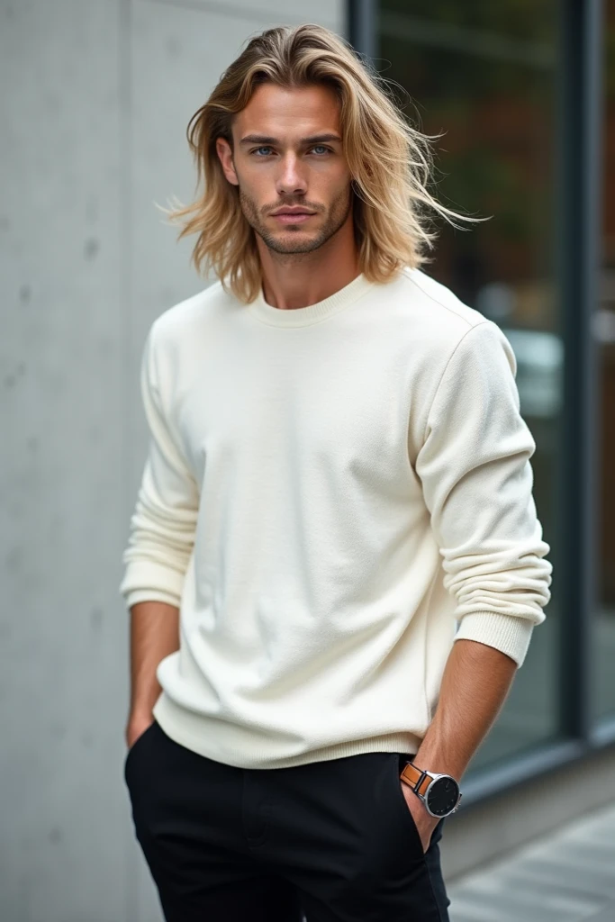 A guy in a white sweater with rolled up sleeves in black pants with long blond hair