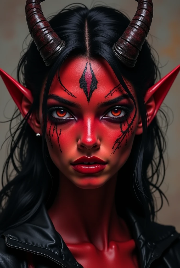 Drawing like image , tiefling woman, with read skin, black hair, small horns and only her left eye is covered diagonally with bandages, she is strong like an warrior , make she look like an drawing and Less realistic, and more like a drawing, cover her left eye with diagonal bandages