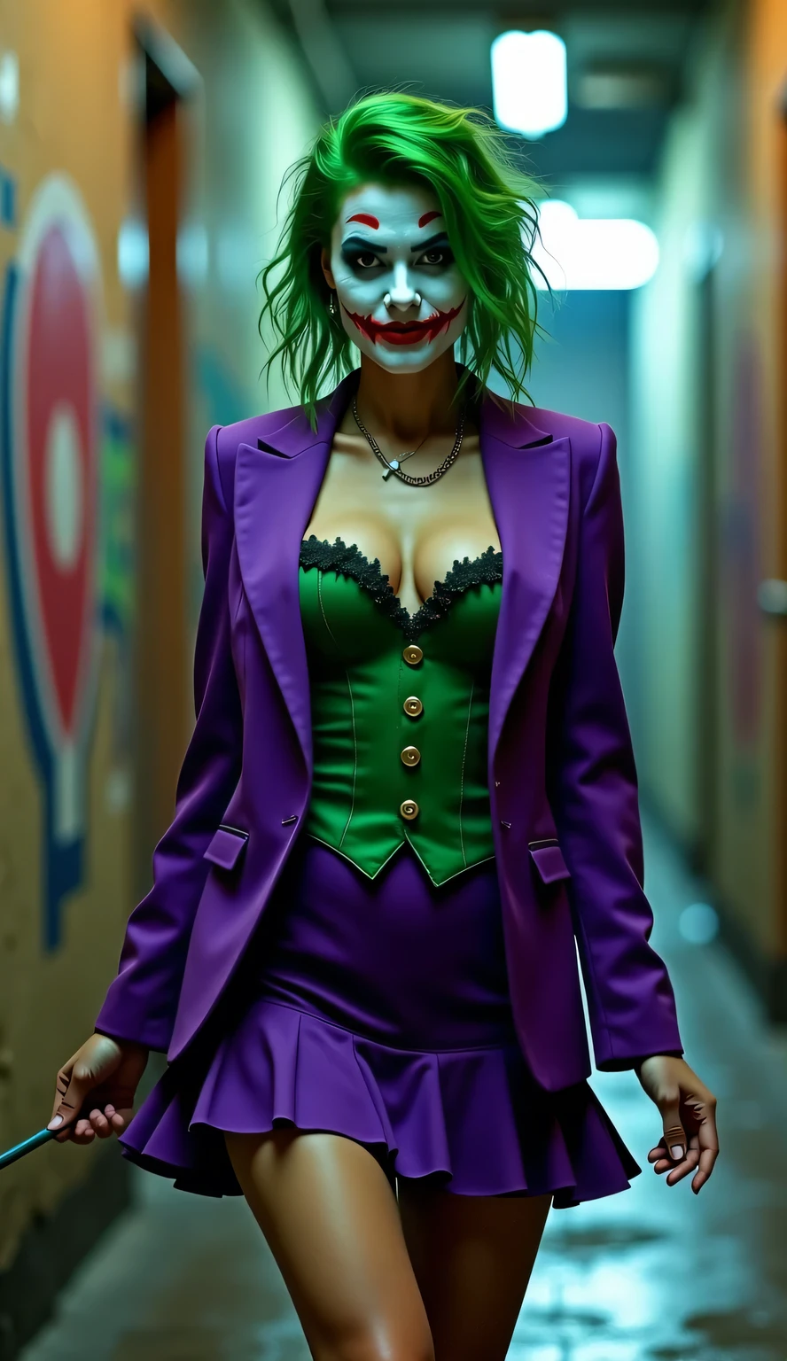 {
"prompt": "A faithful female version of the iconic Joker from DC Comics, reimagined with a seductive yet psychotic allure. She has pale white skin and wild, vibrant green hair styled in messy, chaotic curls. Her makeup is heavy and smeared, inspired by Heath Ledger’s Joker, with dark, hollow eyes surrounded by smudged black makeup, and a blood-red, twisted smile that extends unevenly beyond the corners of her mouth, creating a chilling, yet irresistible, grin. She wears a tailored purple suit jacket with a green vest and matching tie, left open to reveal her toned, alluring physique, paired with a revealing purple bikini bottom. Her posture exudes a dangerous confidence, combining her twisted mind with a seductive charm that makes her both terrifying and impossible to resist, using her beauty as a weapon to lure her prey.",
"size": "1024x1792"
}