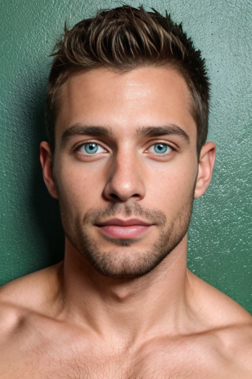 Young man with green eyes and muscular body.