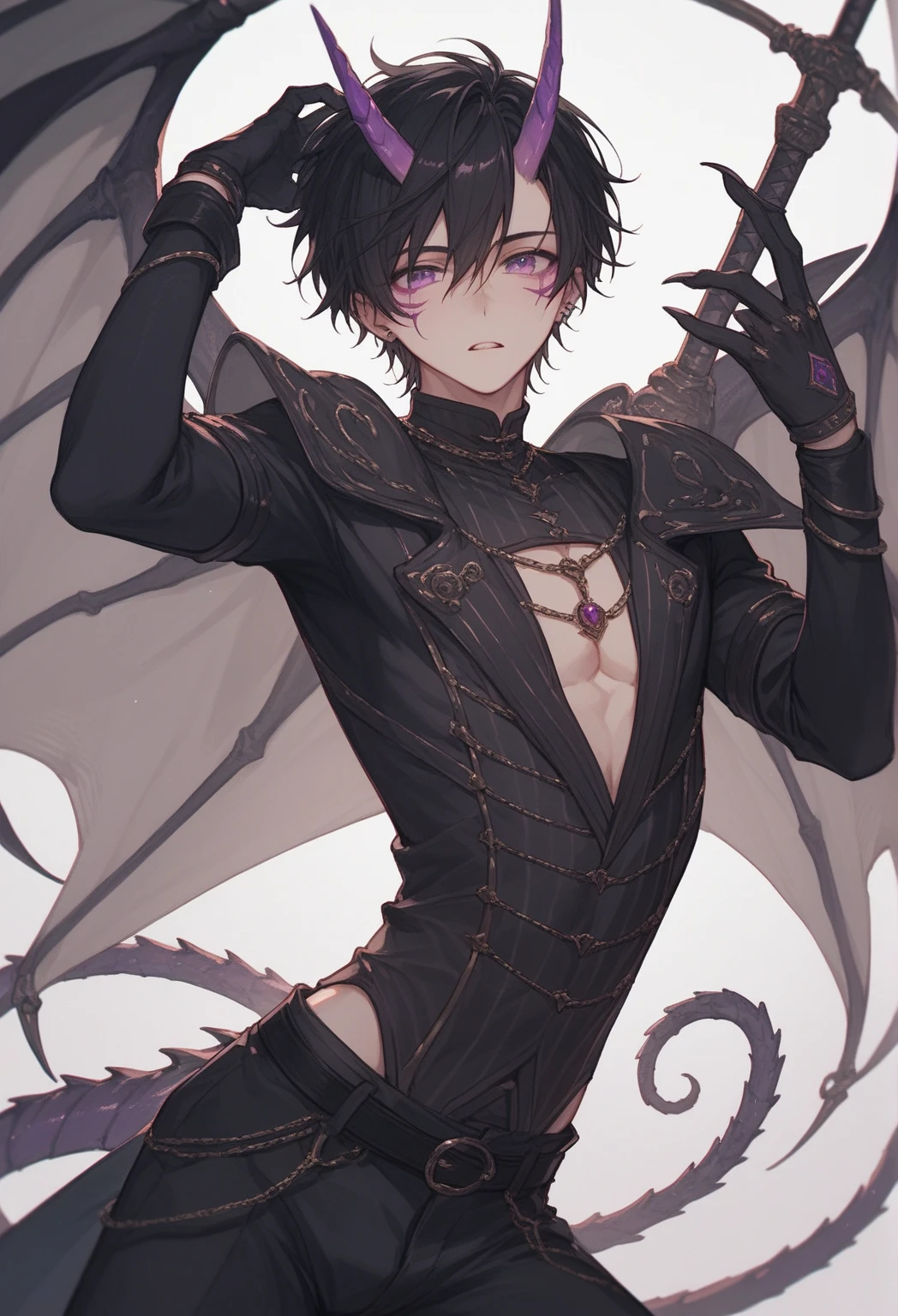 A young man with a demon wings, dark violet mid half hair, white skin, light purple eyes