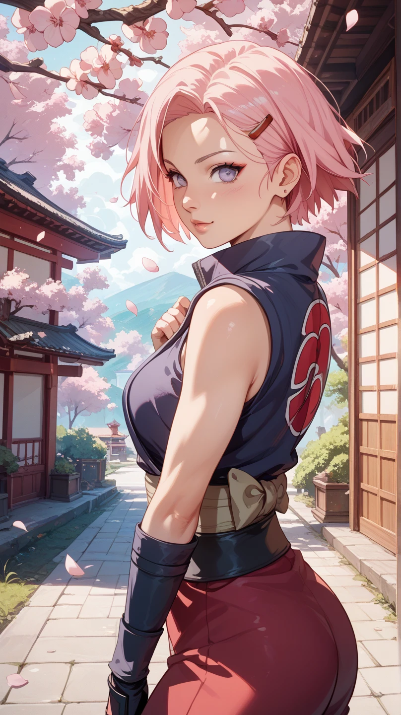 (RAW photo, best quality), masterpiece, an extremely delicate and beautiful, extremely detailed, 2k wallpaper, Amazing, finely detail, extremely detailed CG unity 8k wallpaper, ultra-detailed, highres, soft light, beautiful detailed girl, cinematic lightning, outdoor, cherry blossoms, sky, cloud, wind, day, sunlight, perfect anatomy,expressive eyes, perfect face, highres, 1girl, solo, , smile,harunoshipp, hairband, short hair, forehead protector, sleeveless shirt, gloves, bike shorts, fighting stance, standing, upper body, looking at the viewer, breast