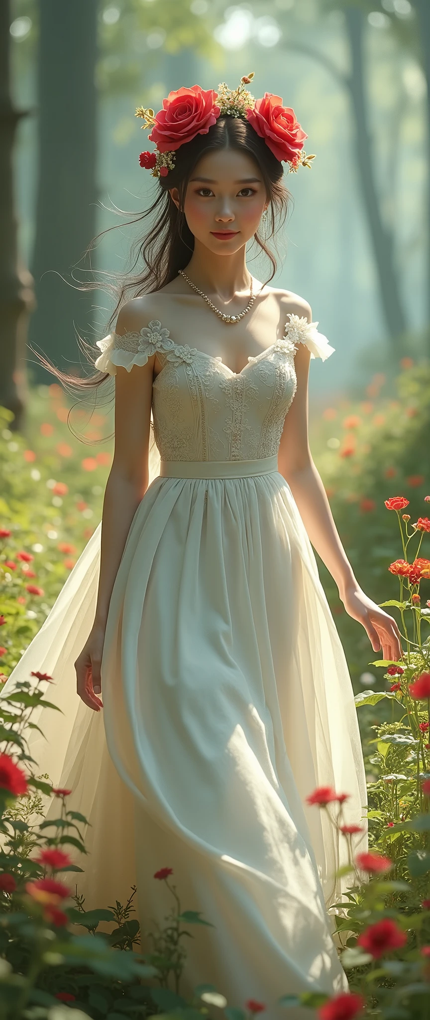 Arafed woman in a white dress and a flower crown walking through a ...
