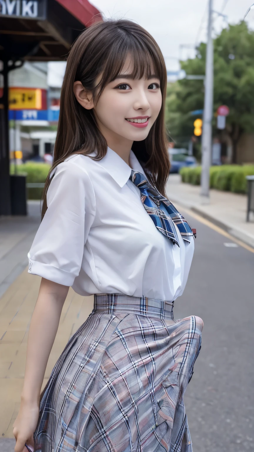 expensive resolution, RAW photo, realistic, very delicate and beautiful, very well detailed, details, very well detailed CG unity 8k wallpaper, very well detailedな, (expensiveest quality, 8k, 32K, masterpiece, 超expensive resolution:1.2), cute Japanese model photo , JK , expensive ,(White Sailor Suit 1), tartan skirt with fluttering dandelions, tartan check tie, beautiful face, Below,long one length long hair, when walking on the station platform , surreal, 16Year,young and cute gravure idol,duck face,teeth, pork, thighs,natural and realistic colors,Hitting the Head,150cm, let me eat 、 nice smile、Erection under clothes, flat chest